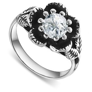 Pierścionek kwiat z cyrkonią 6mm oksydowany