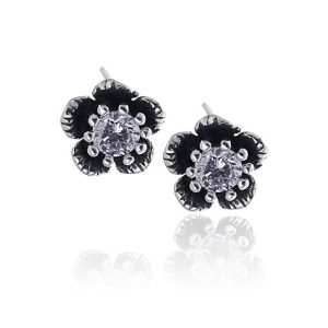 Kolczyki kwiaty z cyrkoniami oksydowane sztyft