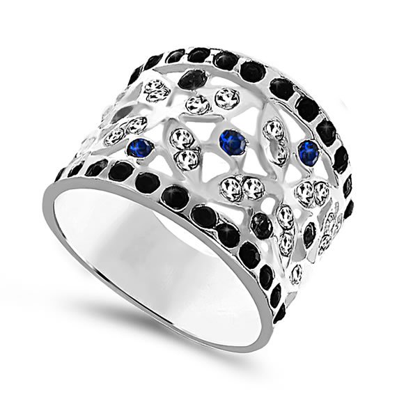 Szeroki ażurowy pierścionek z kamieniami