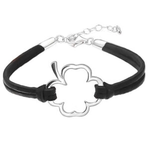 Bransoletka na czarnym rzemyku koniczyna