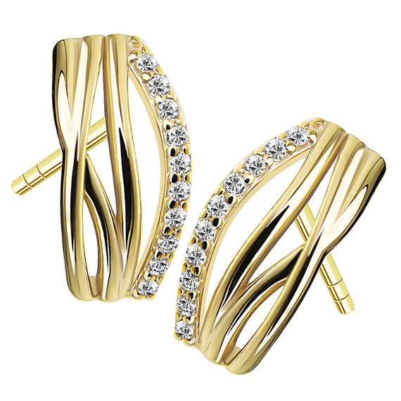 Złote kolczyki przeplatane paski z cyrkoniami 333