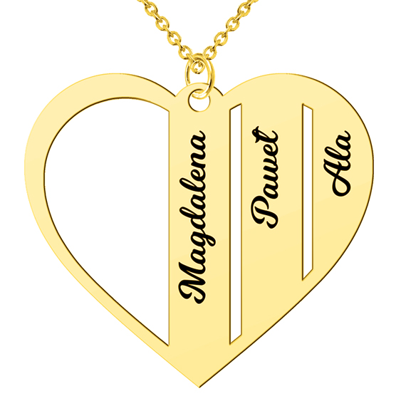 Naszyjnik serce z imionami dzieci - 3 imiona - pozłacany