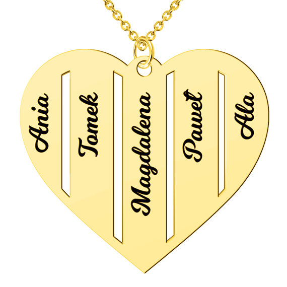 Naszyjnik serce z imionami dzieci - 5 imion - pozłacany