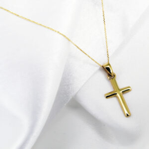 Krzyżyk z łańcuszkiem ze złota + pudełko z grawerem Pamiątka I Komunii Świętej