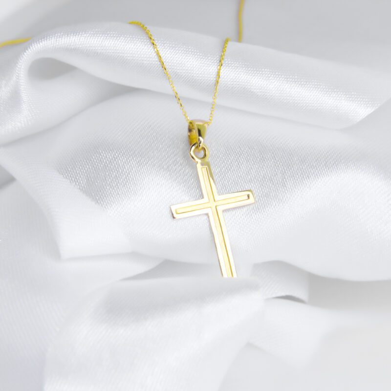 Krzyżyk z łańcuszkiem ze złota + pudełko z grawerem Pamiątka I Komunii Świętej