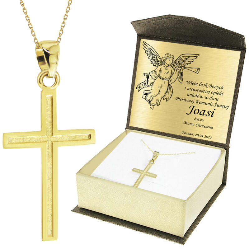 Krzyżyk z łańcuszkiem ze złota + pudełko z grawerem Pamiątka I Komunii Świętej