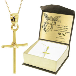 Krzyżyk z łańcuszkiem ze złota + pudełko z grawerem Pamiątka I Komunii Świętej