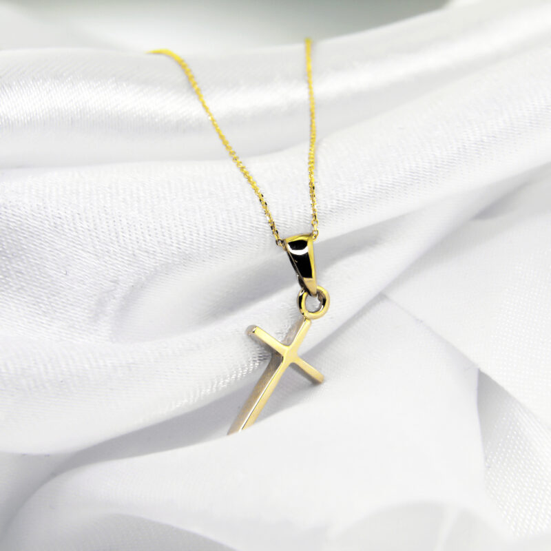 Krzyżyk z łańcuszkiem ze złota + pudełko z grawerem Pamiątka I Komunii Świętej