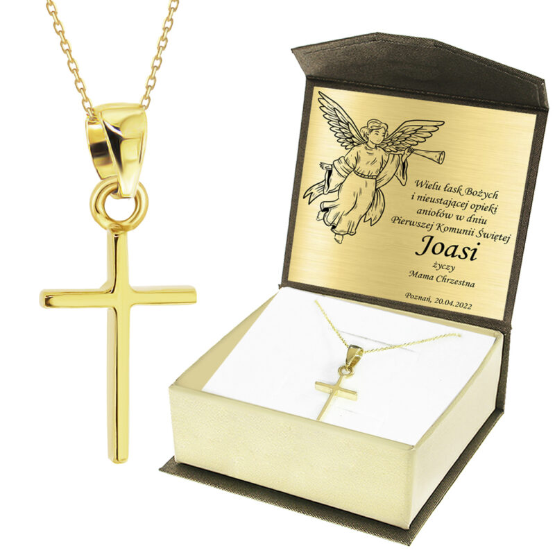 Krzyżyk z łańcuszkiem ze złota + pudełko z grawerem Pamiątka I Komunii Świętej