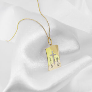 Krzyżyk z łańcuszkiem ze złota + pudełko z grawerem Pamiątka I Komunii Świętej