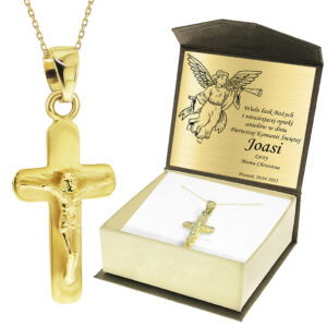 Krzyżyk z łańcuszkiem ze złota + pudełko z grawerem Pamiątka I Komunii Świętej