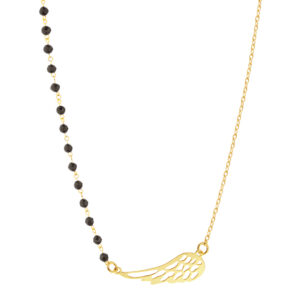 Złoty naszyjnik skrzydło z czarnymi koralikami