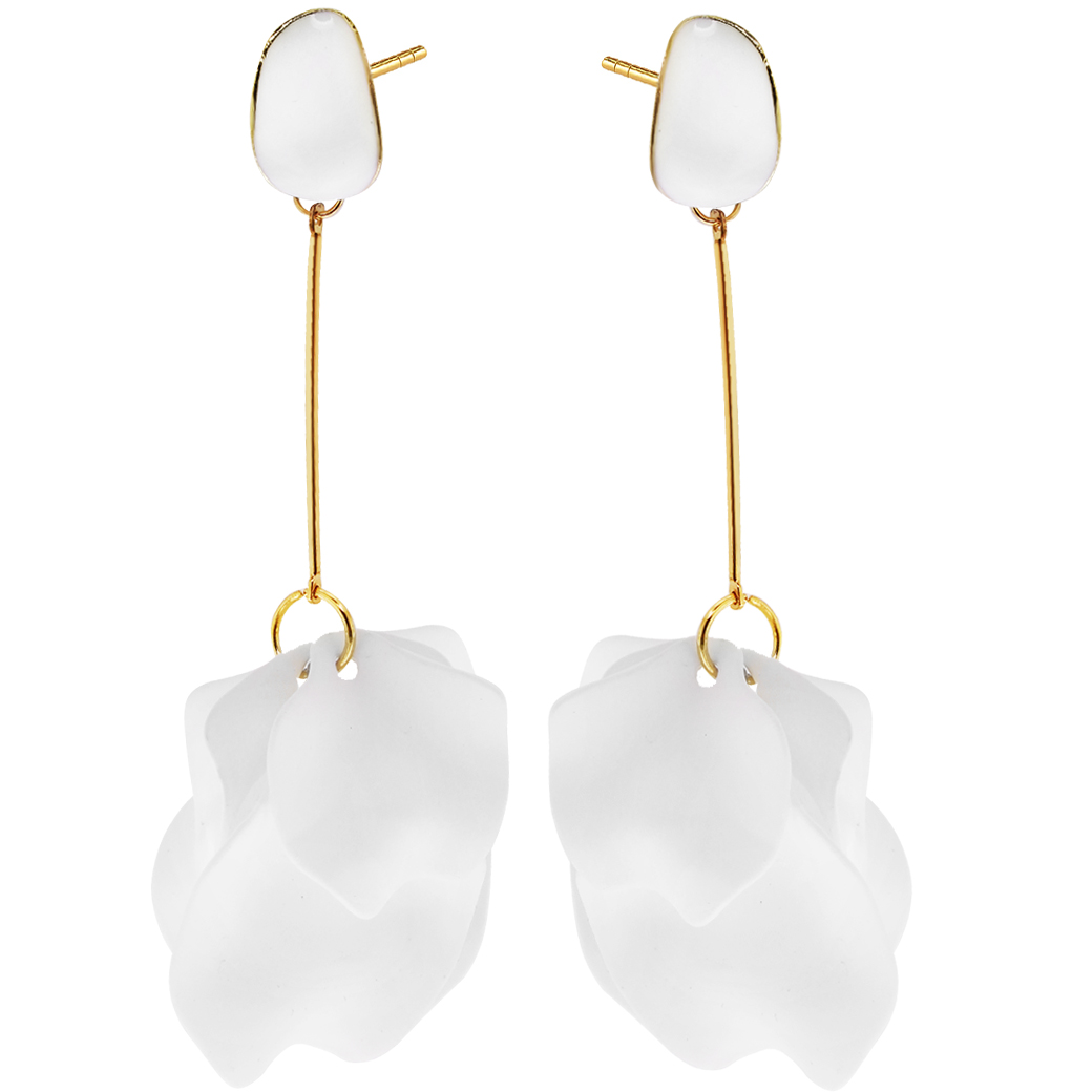 ZŁOTE KOLCZYKI KWIATY BIAŁE ŚLUBNE DŁUGIE WISZĄCE Kolczyki białe kwiaty - pozłacane