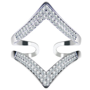 Pierścionek wysoki geometryczny V z cyrkoniami