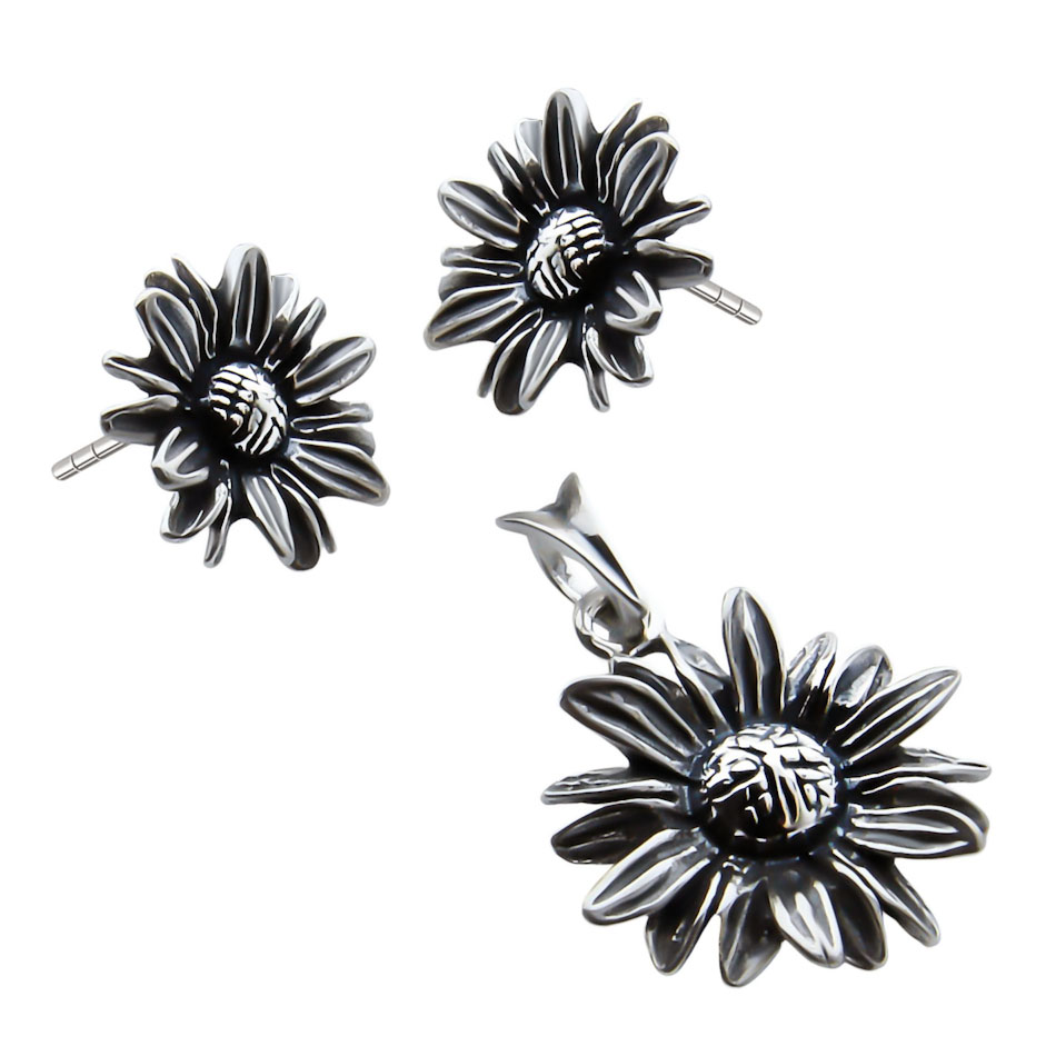 SREBRNE KOLCZYKI WISIOREK STOKROTKI 925 KWIATKI Komplet - kolczyki wisiorek - stokrotki