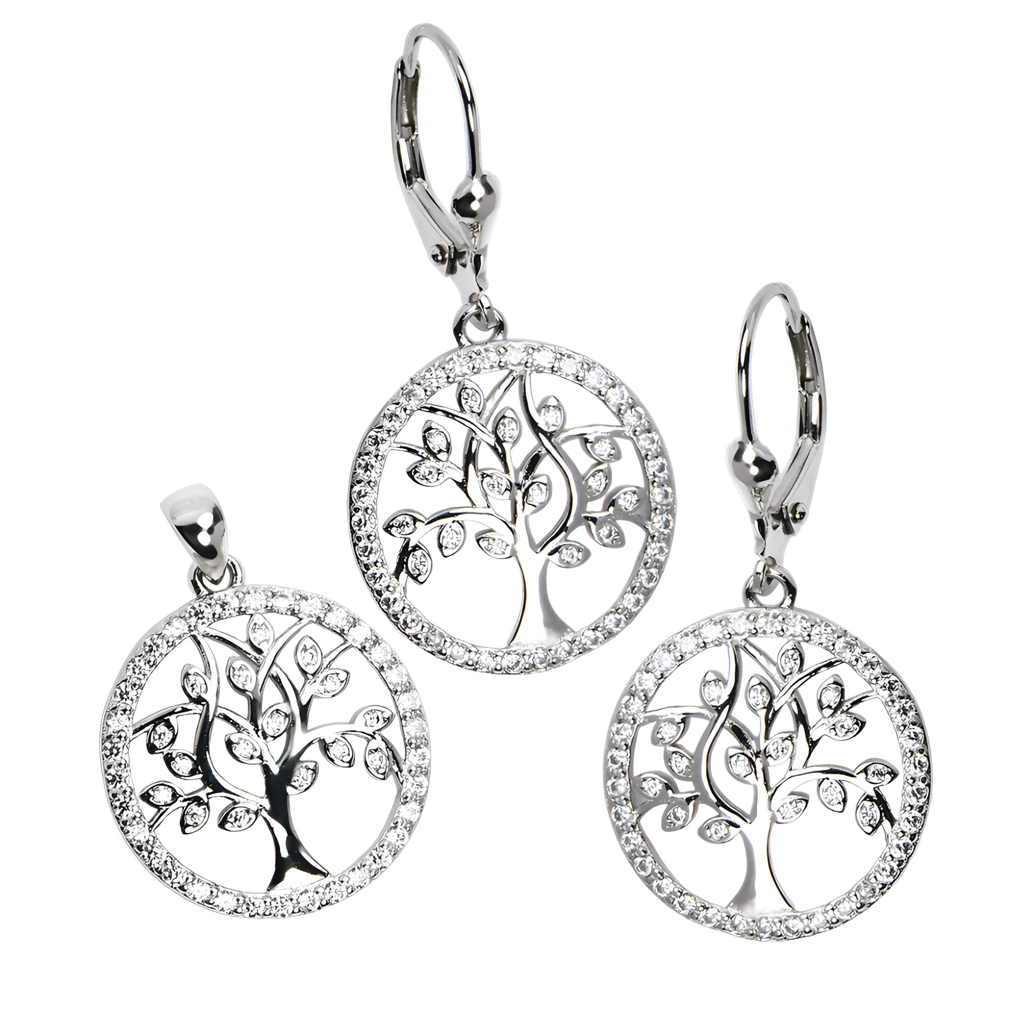 KOLCZYKI WISIOREK KOMPLET DRZEWKO DRZEWO SZCZĘŚCIA Komplet - kolczyki i wisiorek drzewka szczęścia z cyrkoniami