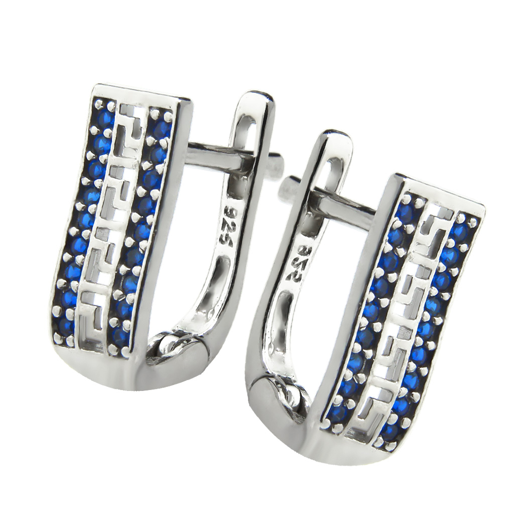 SREBRNE KOLCZYKI GRECKIE WZÓR GRECJI GRECJA 925 Kolczyki z pasem greckim i szafirowymi cyrkoniami